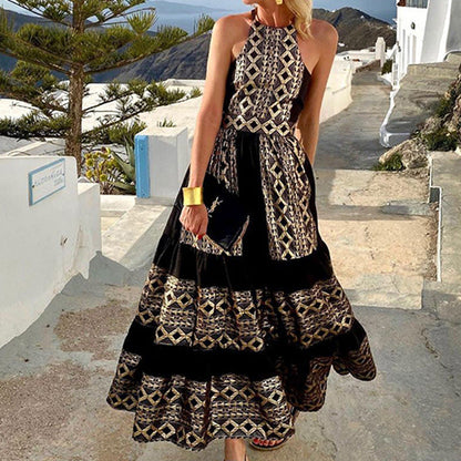 Women Fashion Bohemian Print Backless Maxi Dress