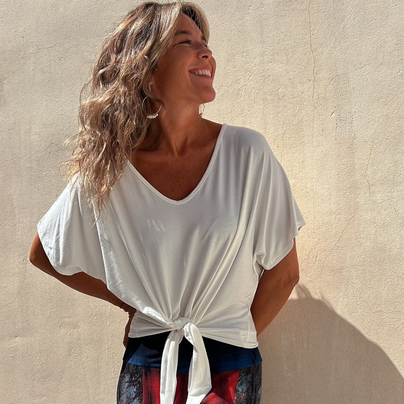 Women Fashion Casual Solid Color Irregular Knotted Hem V Neck Blank T-Shirt