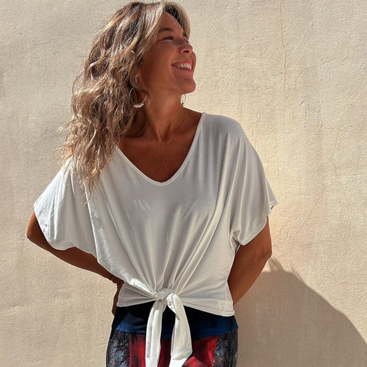 Women Fashion Casual Solid Color Irregular Knotted Hem V Neck Blank T-Shirt