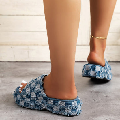 Pantuflas informales de plataforma con cuña y cuadros vaqueros para mujer