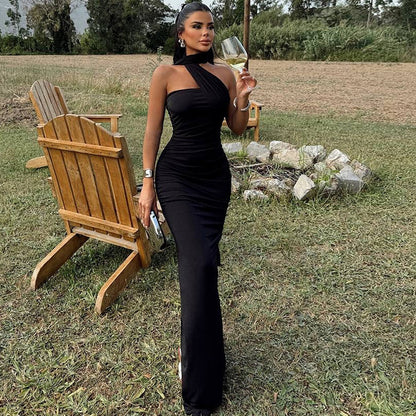 Women Elegant Solid Color Neck Bodycon Maxi Dress