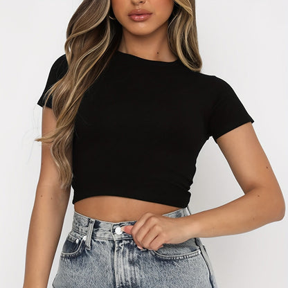 T-shirt d'été à manches courtes et col rond pour femme, couleur unie, à la mode