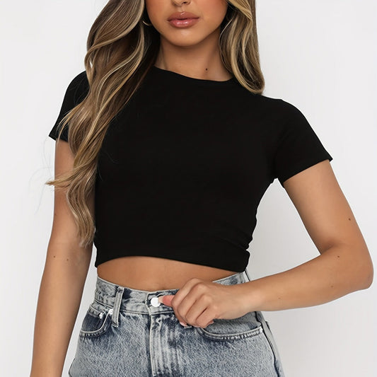 T-shirt d'été à manches courtes et col rond pour femme, couleur unie, à la mode