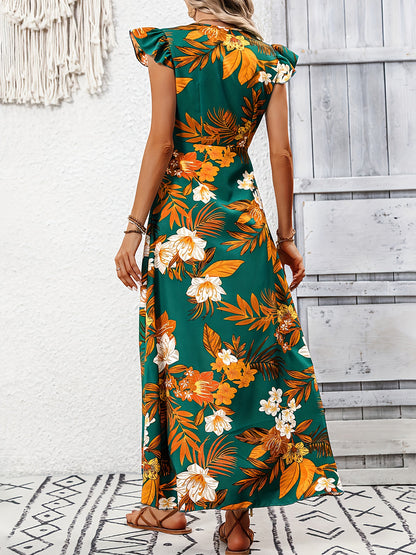 Robe décontractée à col en V et manches courtes pour femme, imprimée de fleurs