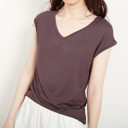Camiseta informal de manga corta con cuello en V y color liso para mujer