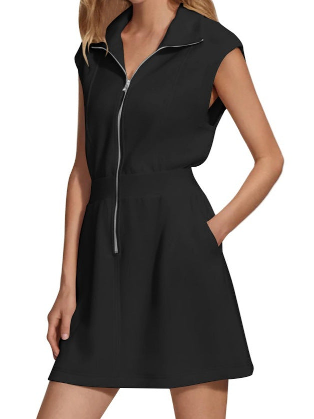Women Casual Solid Color Sleeveless Dress with Lapel Zipper Pockets