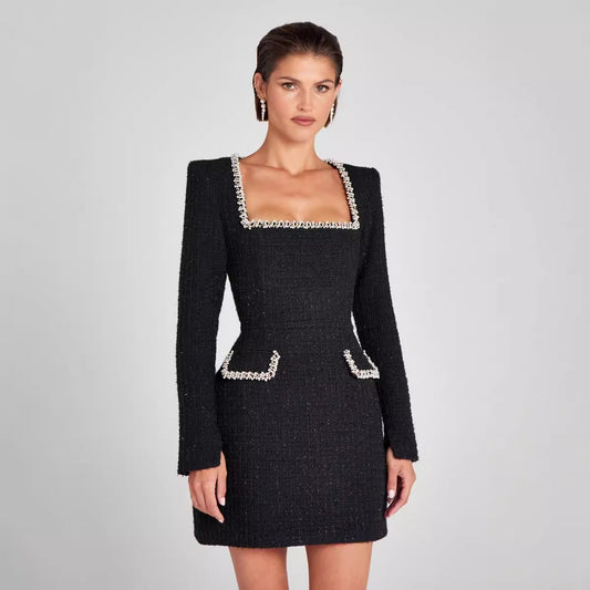 Robe chic à col carré et manches longues et perles pour femme