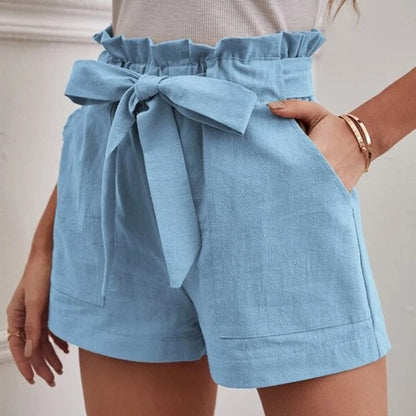 Women Casual Linen Solid Color Loose Pocket Shorts