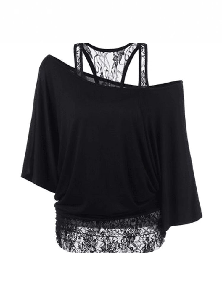 Plus Size Lace Splicing Slanted Shoulder T-Shirt