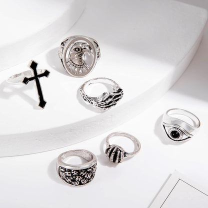 Men Fashion Exaggerated Punk Cross Skull Ring Six-Piece Set