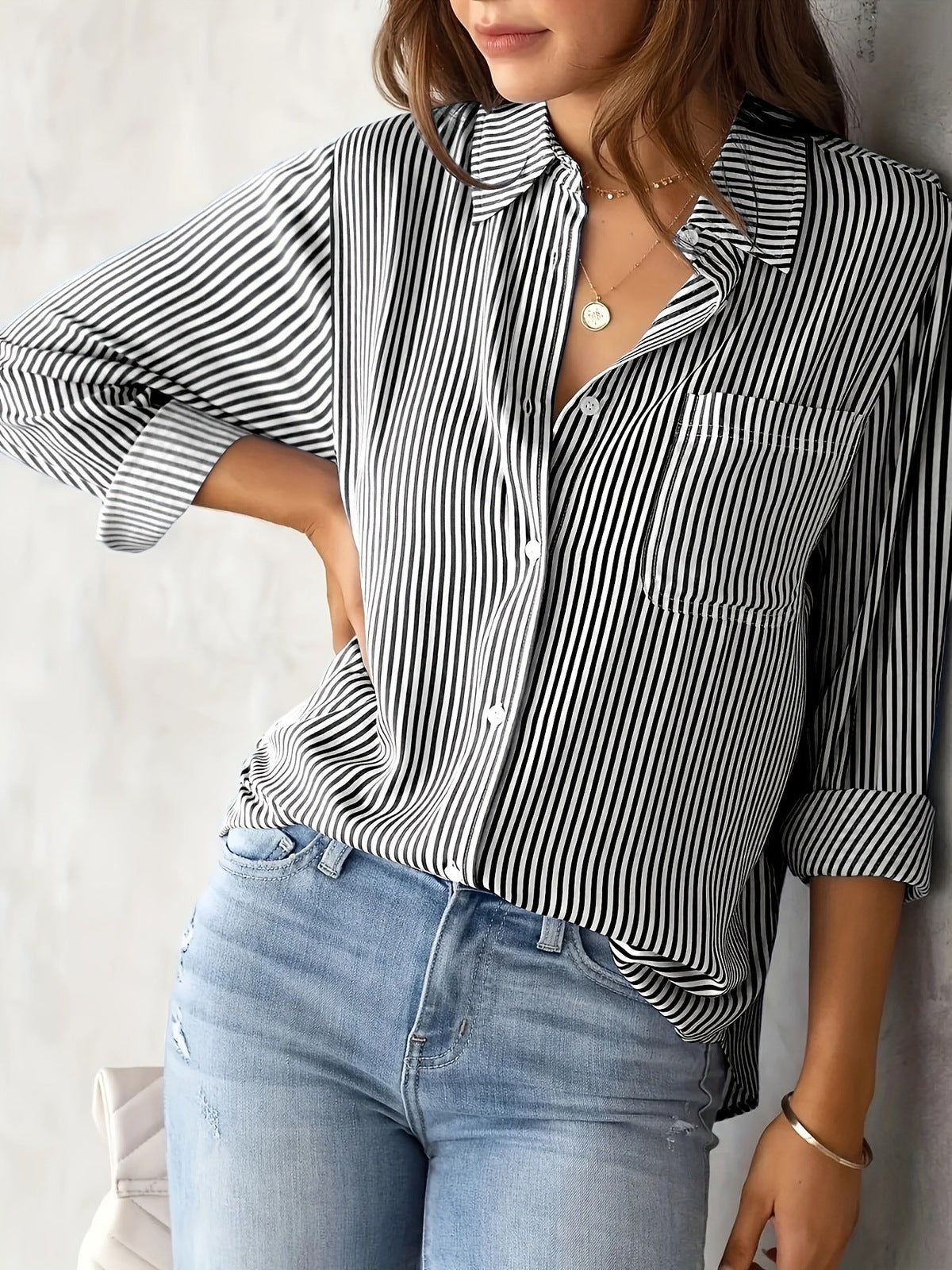 Blusa informal de poliéster con solapa y manga larga a rayas para mujer, corte holgado