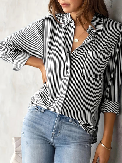 Blusa informal de poliéster con solapa y manga larga a rayas para mujer, corte holgado