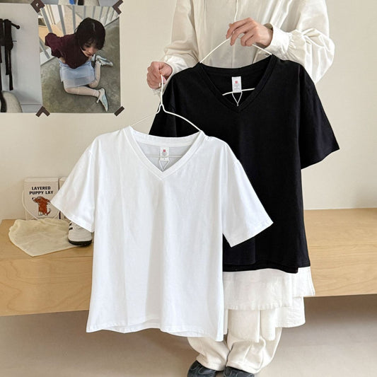 Women Casual Solid Color Cotton V-Neck T-Shirt