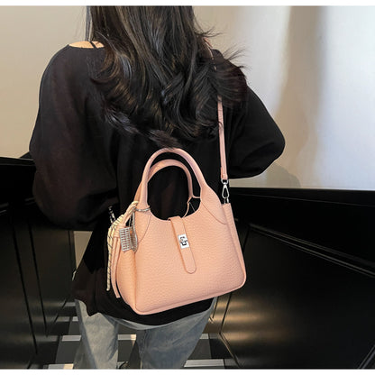 Sac à main seau décontracté de couleur unie pour femme avec motif litchi