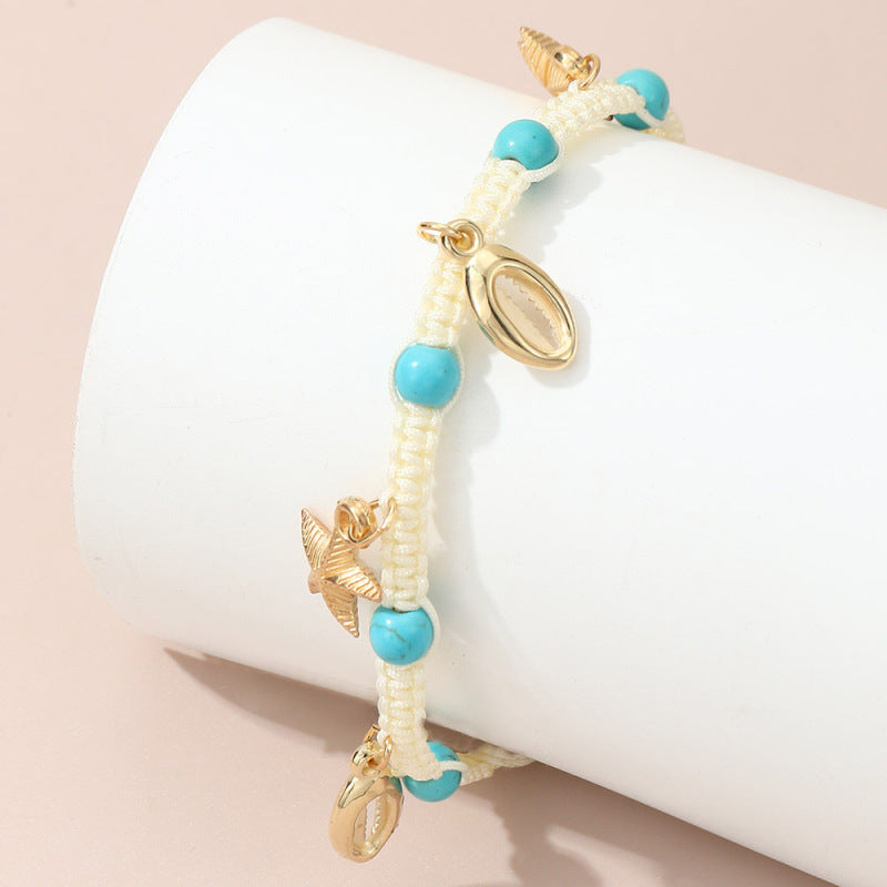 Tobillera con cuentas bohemias trenzadas de estrellas de mar y conchas