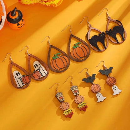 Halloween Women Cartoon Gothic Black Cat Ghost Pumpkin Wooden Earrings
