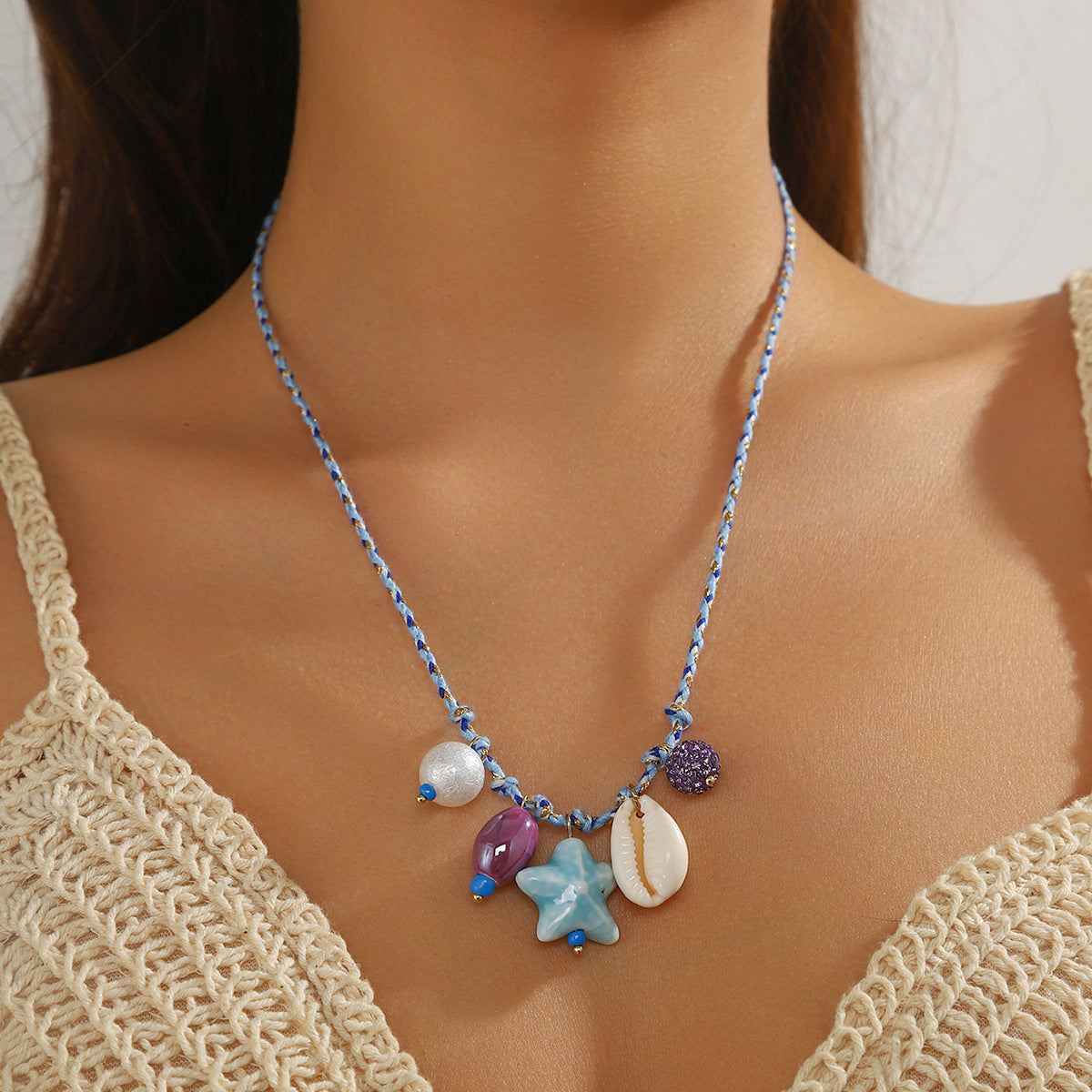 Collar de cuerda de cerámica con forma de estrella de mar y dopamina con concha de viento para vacaciones en el océano