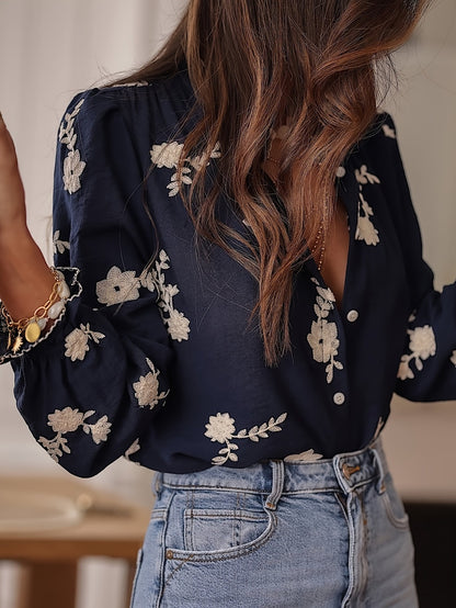 Women Long Sleeve Embroidered Floral Shirt with Lantern Sleeves