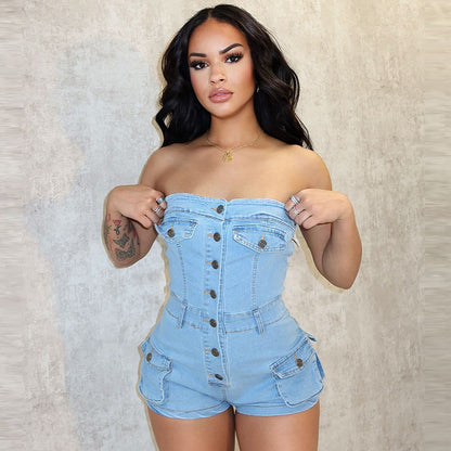 Summer Women Sexy Strapless Stretch Denim Rompers
