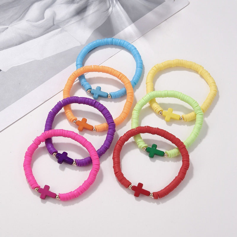 Conjunto de pulseras de cuentas de cerámica suave con cruz multicolor bohemia