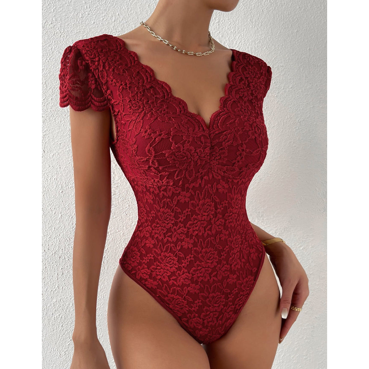 Body dos nu en dentelle couleur unie à décolleté en V profond pour femme