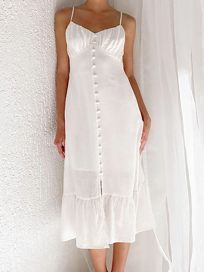 Vestido sexy de lino y algodón liso con tirantes finos y abertura para mujer