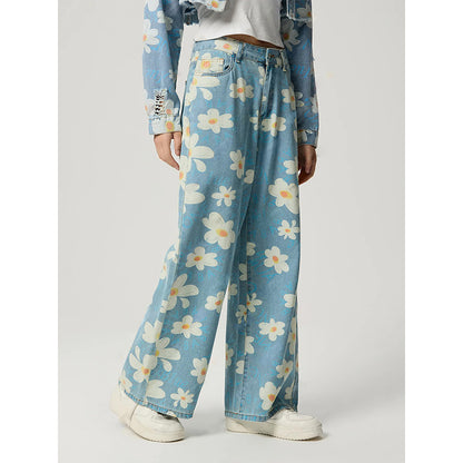 Vaqueros rectos con estampado floral retro para mujer