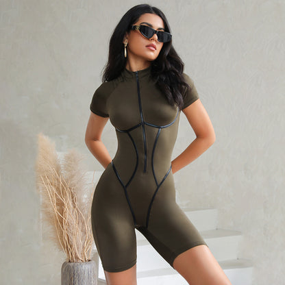 Women Casual Solid Color Line Short-Sleeve Sports Rompers