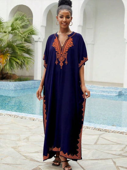 Vestido playero bohemio informal con cuello en V bordado para mujer