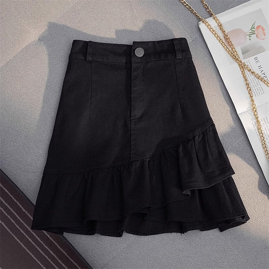 Women Fashion Sexy Solid Color Irregular Ruffled Denim Skirt