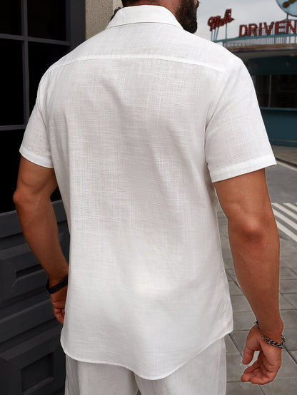 Camisa transpirable de manga corta de algodón blanco con solapa para hombre