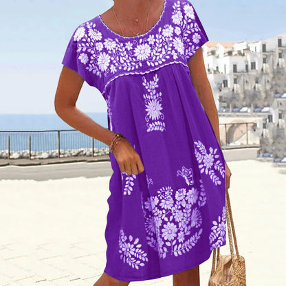 Women Casual Boho Short Sleeve Floral Print Round Neck Loose Dress