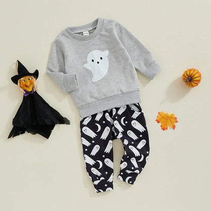 Kids Halloween Pumpkin Print Cotton Long Sleeve Set