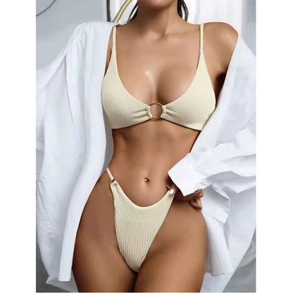 Traje de baño de bikini de canalé de color liso para mujer