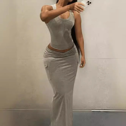 Women Fashion Casual Solid Color Tank Top Skirt Set