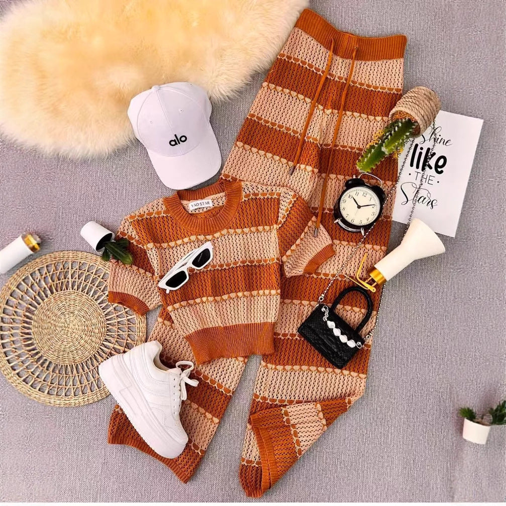 Women Fashion Contrast Color Stripe Two-Piece Set