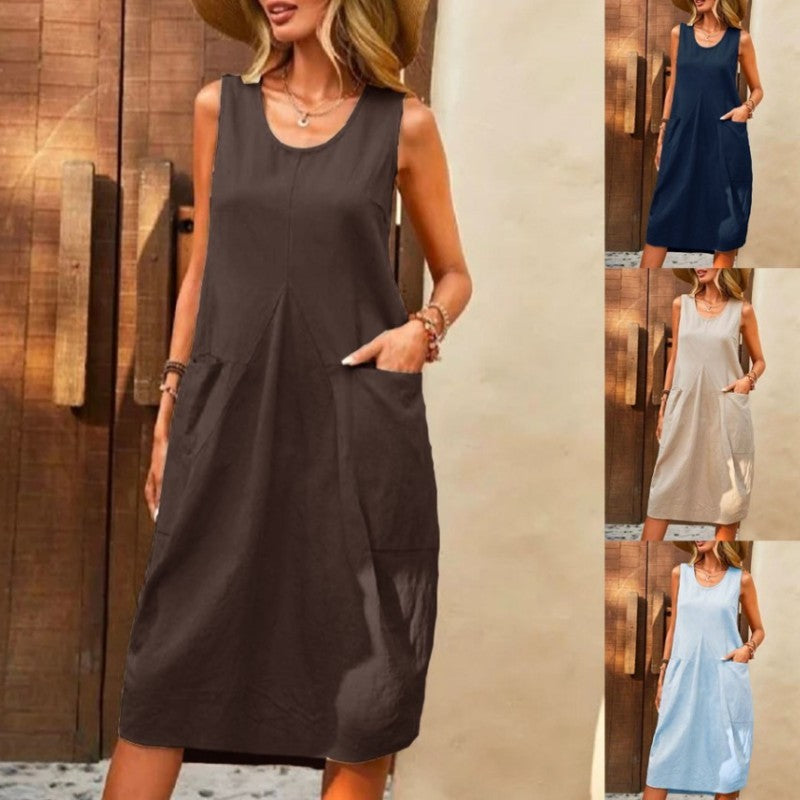 Vestido informal de lino y algodón de color liso sin mangas para mujer