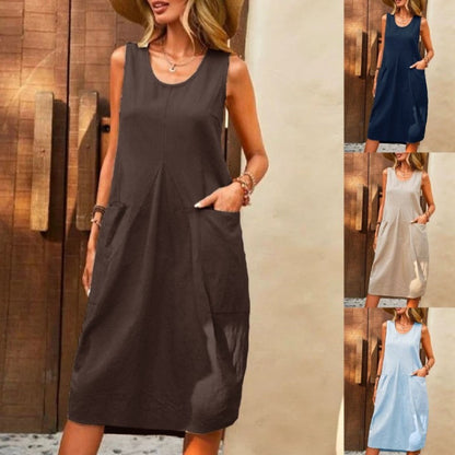 Vestido informal de lino y algodón de color liso sin mangas para mujer