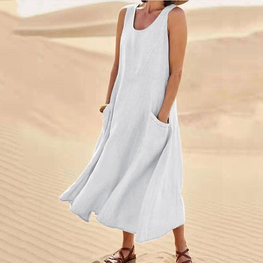 Summer Women Casual Solid Color Linen Dress