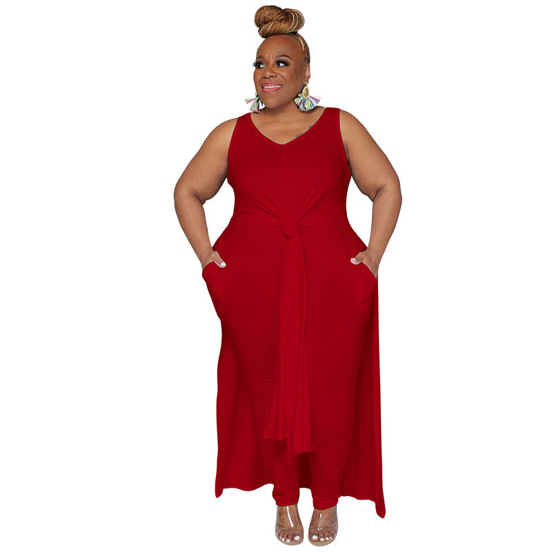 Women Fashion Casual Plus Size Solid Color V-Neck Dress