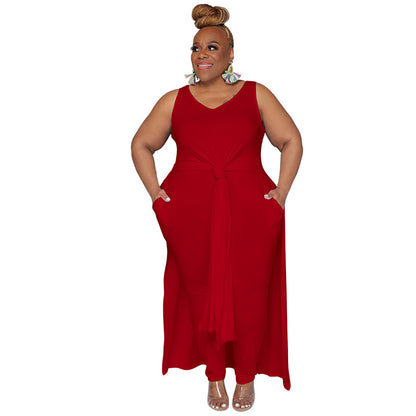 Women Fashion Casual Plus Size Solid Color V-Neck Dress