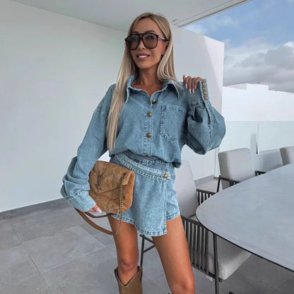 Women Casual Denim Coat and Irregular Skirt Two-Piece Set