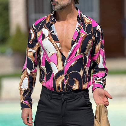 Camisa informal de manga larga con solapa y estampado geométrico para hombre