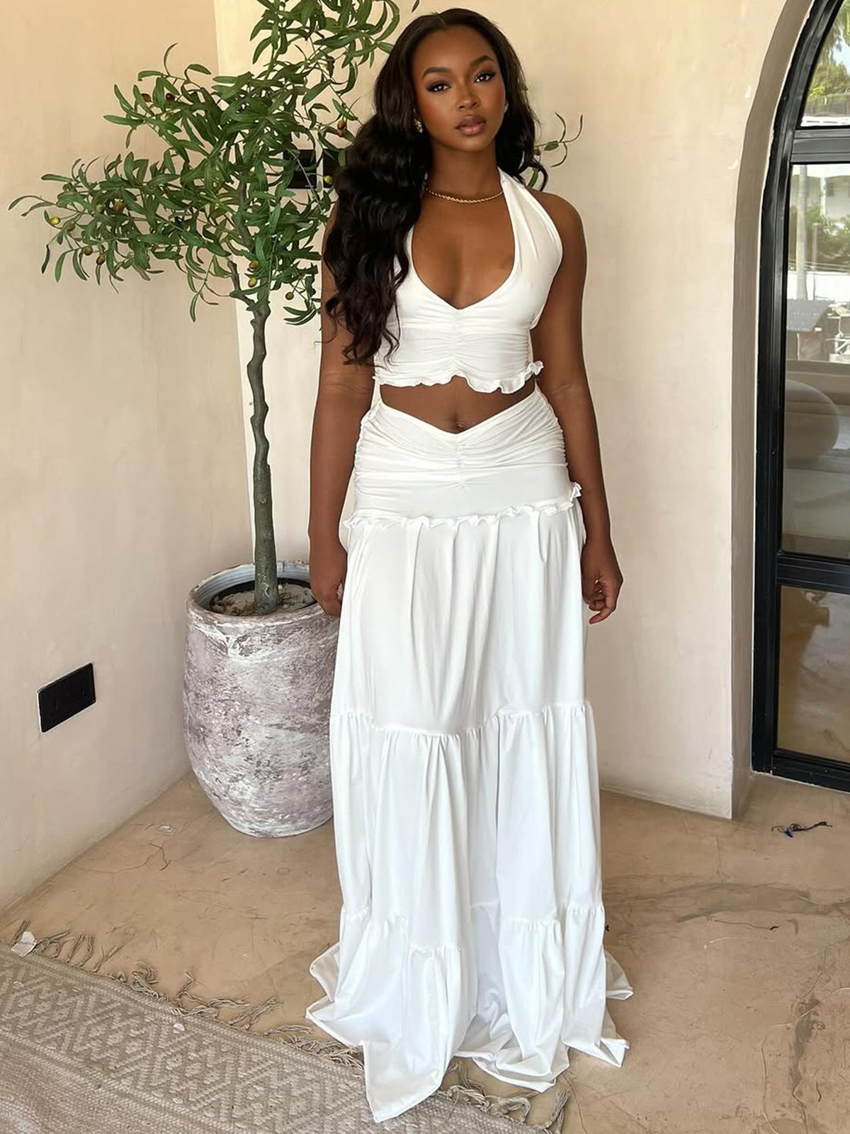 Women Fashion Sexy Solid Color Crop Top and Pleated Skirt Set