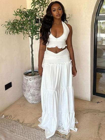 Women Fashion Sexy Solid Color Crop Top and Pleated Skirt Set