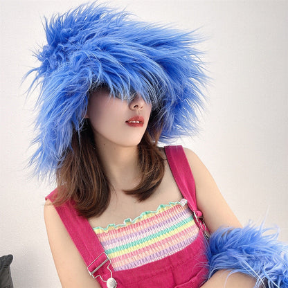Chapeau de paille en fausse fourrure pour femme, couleurs unies