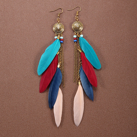 Boucles d'oreilles à pompons et plumes de style ethnique bohème rétro
