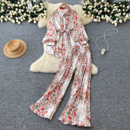 Women Casual Printed Blouse and Wide Leg Pants Set