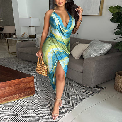 Robe sexy à col licou en satin de soie tie-dye irrégulière pour femme