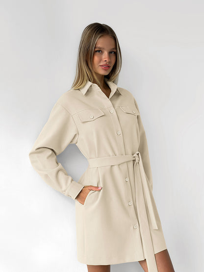 Women Solid Color Lapel Long Sleeve Dress Blended Fabric